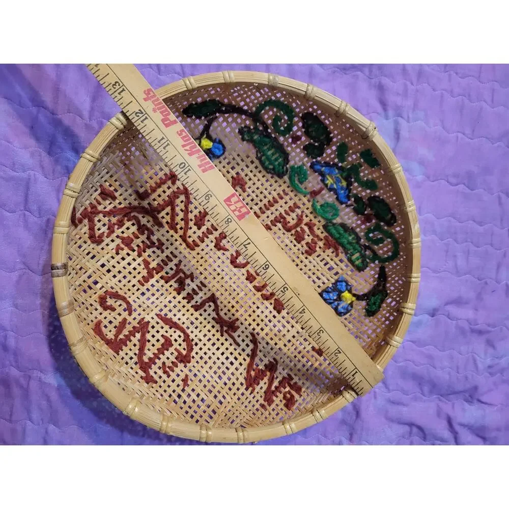 Vintage My Kitchen Welcome Thee Needlepoint Wicker Cane Bowl Decor Basket